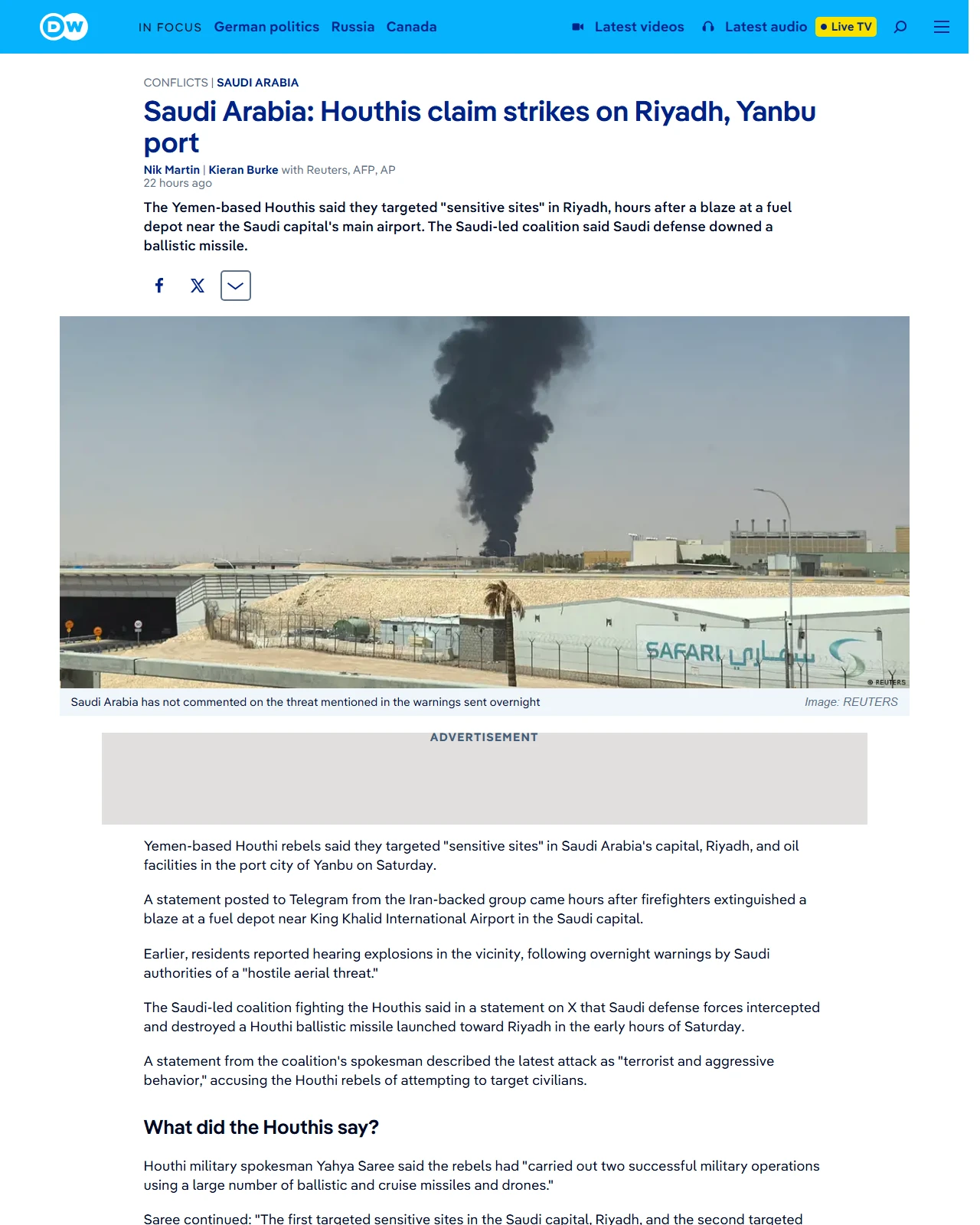 dw.com as published: Saudi Arabia: Houthis claim strikes on Riyadh, Yanbu port