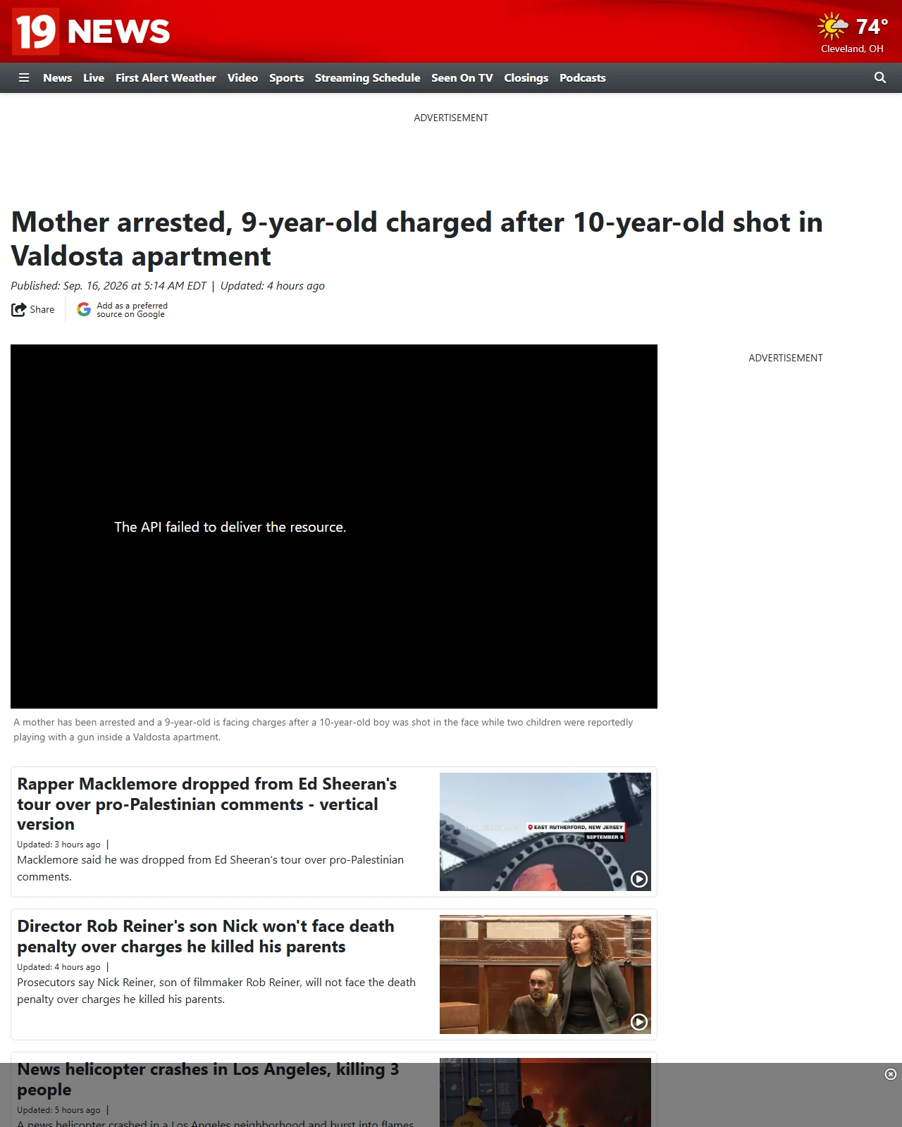 cleveland19.com as published: Mother arrested, 9-year-old charged after 10-year-old shot in Valdosta apartment