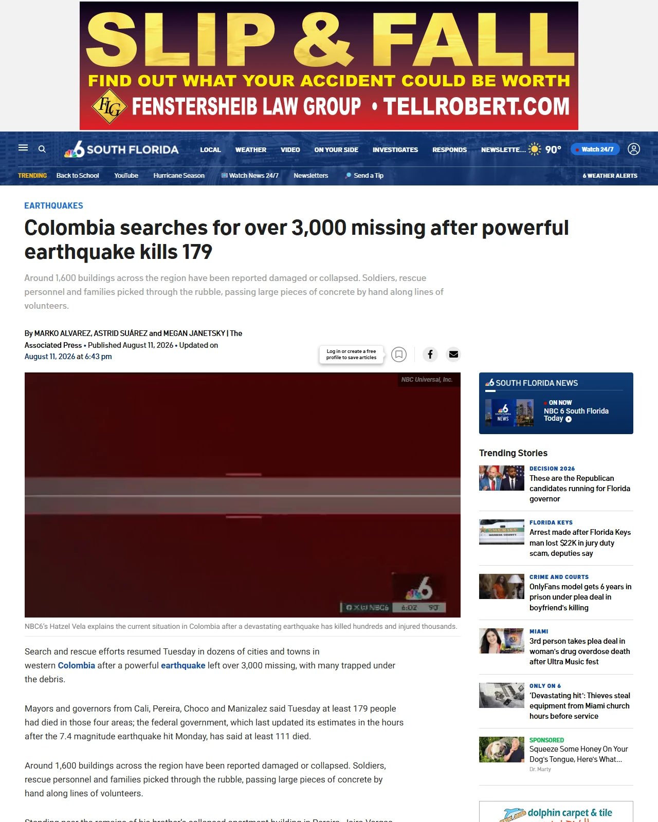 nbcmiami.com as published: Colombia searches for over 3,000 missing after powerful earthquake kills 179