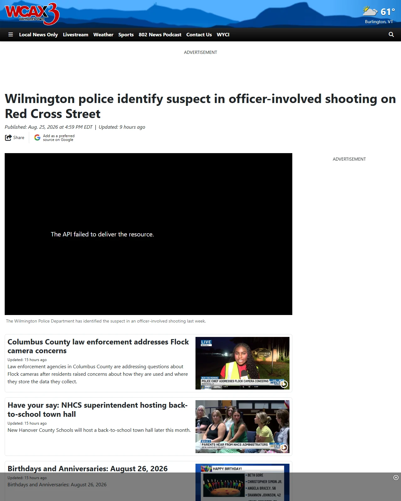 wcax.com as published: Wilmington police identify suspect in officer-involved shooting on Red Cross Street