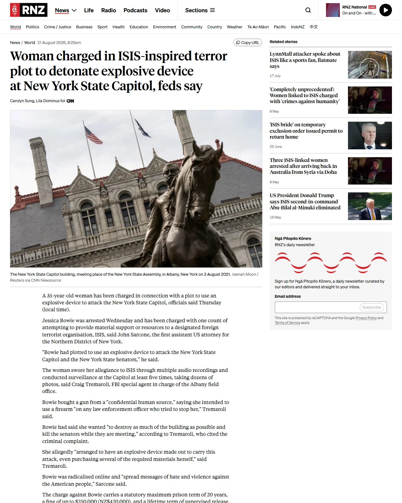 rnz.co.nz as published: Woman charged in ISIS-inspired terror plot to detonate explosive device at New York State Capitol, feds say