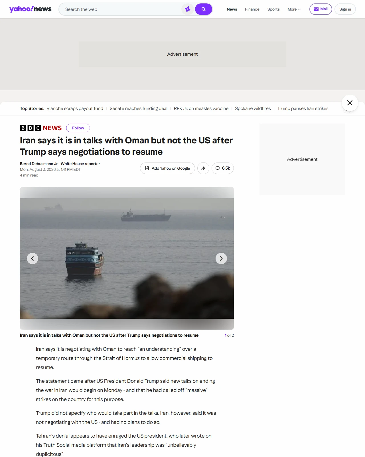 yahoo.com as published: Iran denies Trump's claim that new talks will begin on Monday