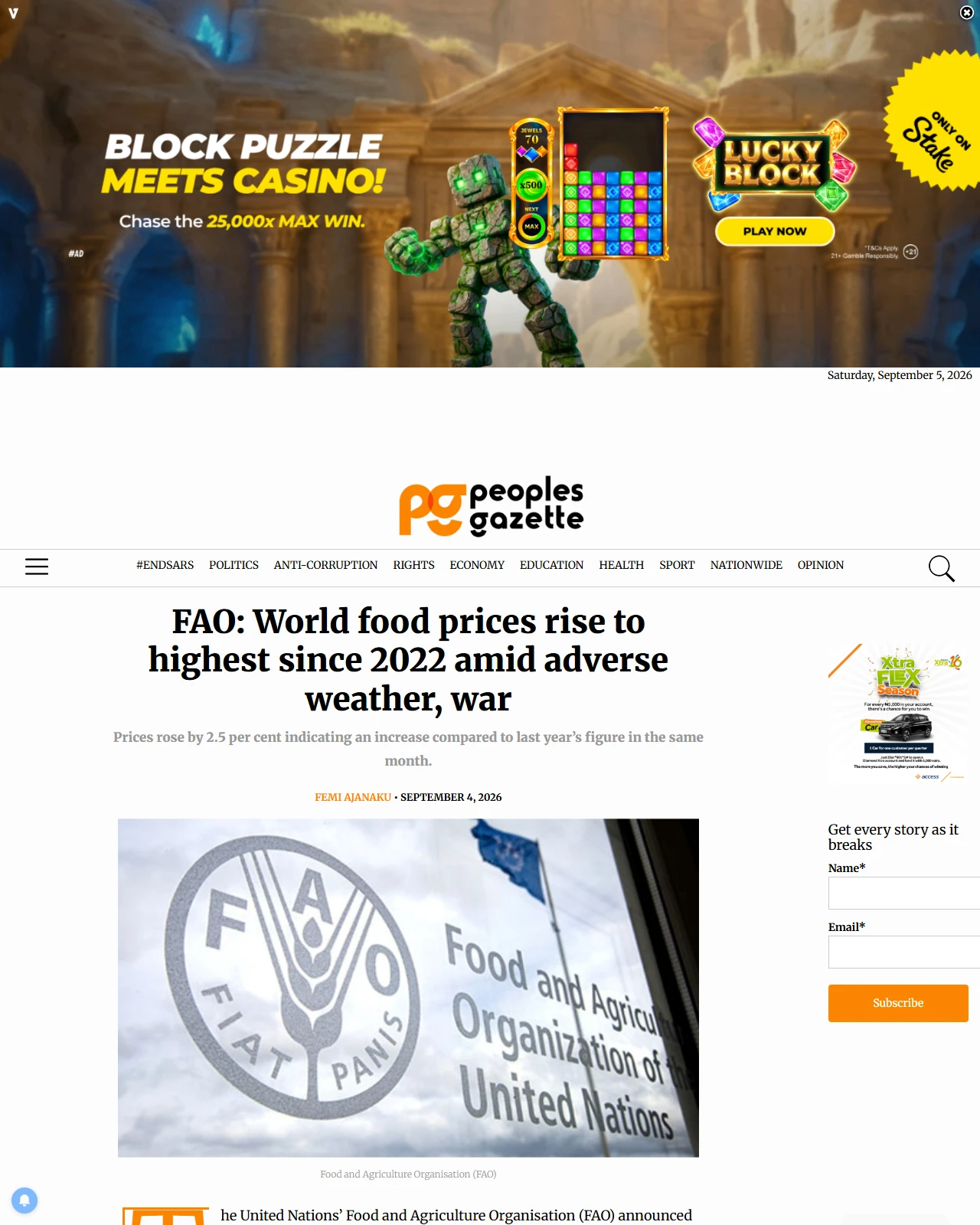gazettengr.com as published: FAO: World food prices rise to highest since 2022 amid adverse weather, war