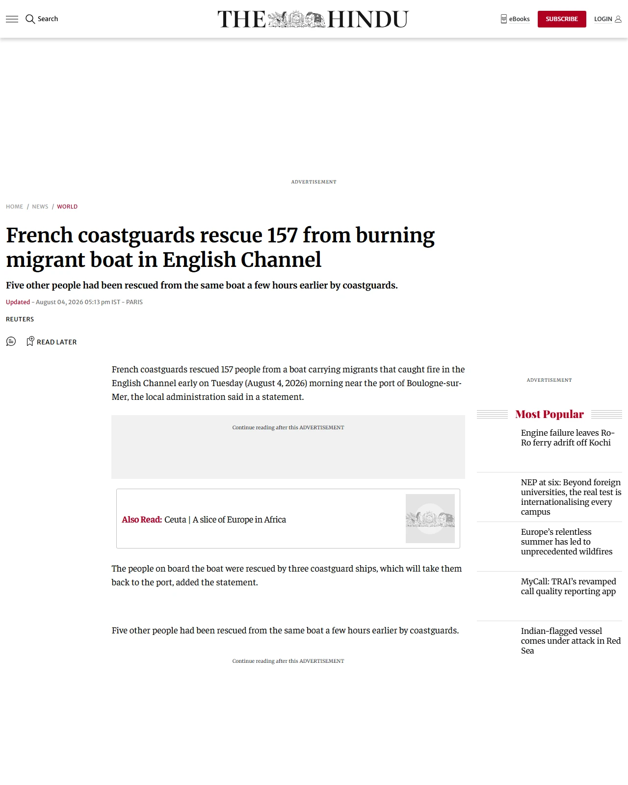 thehindu.com as published: French coastguards rescue 157 from burning migrant boat in English Channel