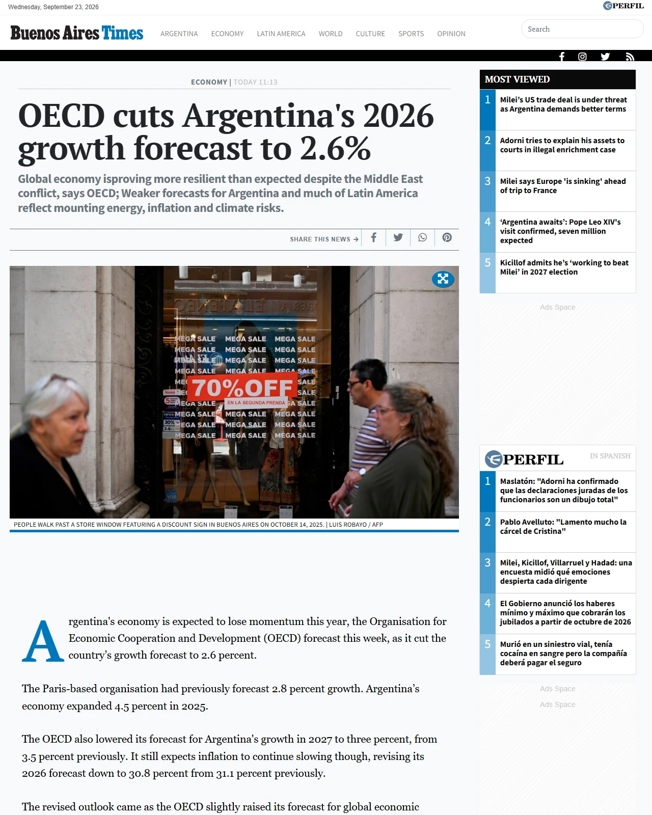 batimes.com.ar as published: OECD cuts Argentina's 2026 growth forecast to 2.6%