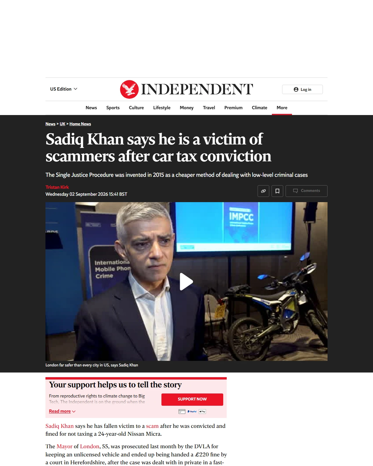 independent.co.uk as published: Sadiq Khan says he is a victim of scammers after car tax conviction
