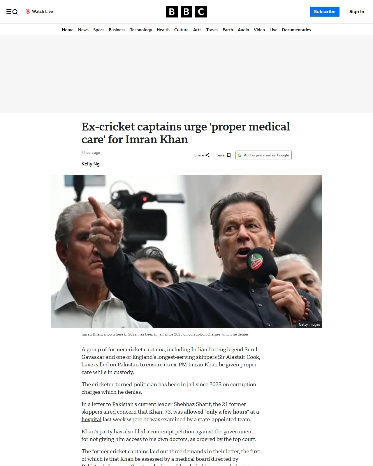 bbc.co.uk as published: Ex-cricket captains urge 'proper medical care' for Imran Khan