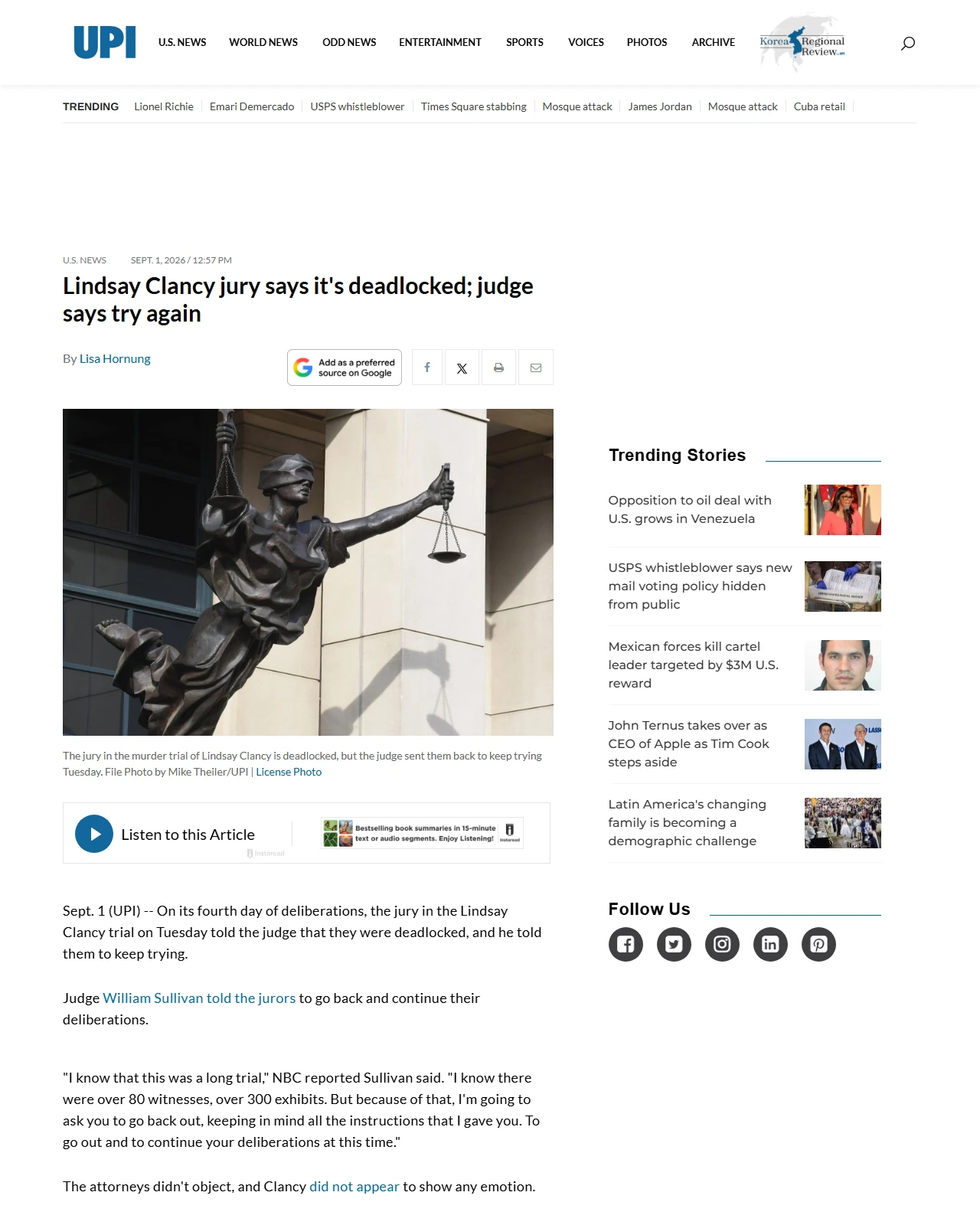 upi.com as published: Lindsay Clancy jury says it's deadlocked; judge says try again