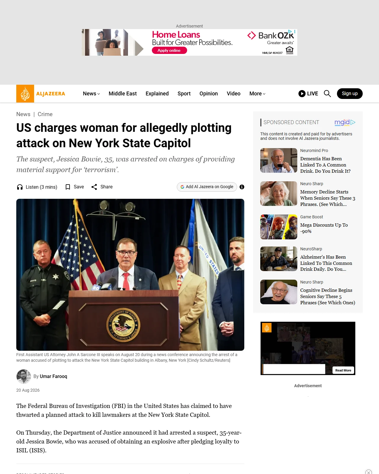 aljazeera.com as published: US charges woman for allegedly plotting attack on New York State Capitol