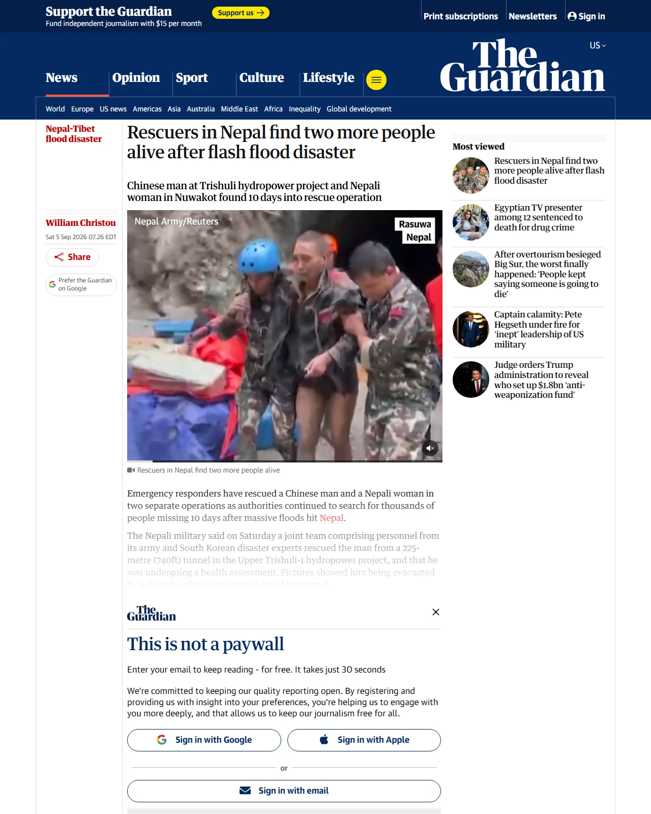 theguardian.com as published: Rescuers in Nepal find two more people alive after flash flood disaster