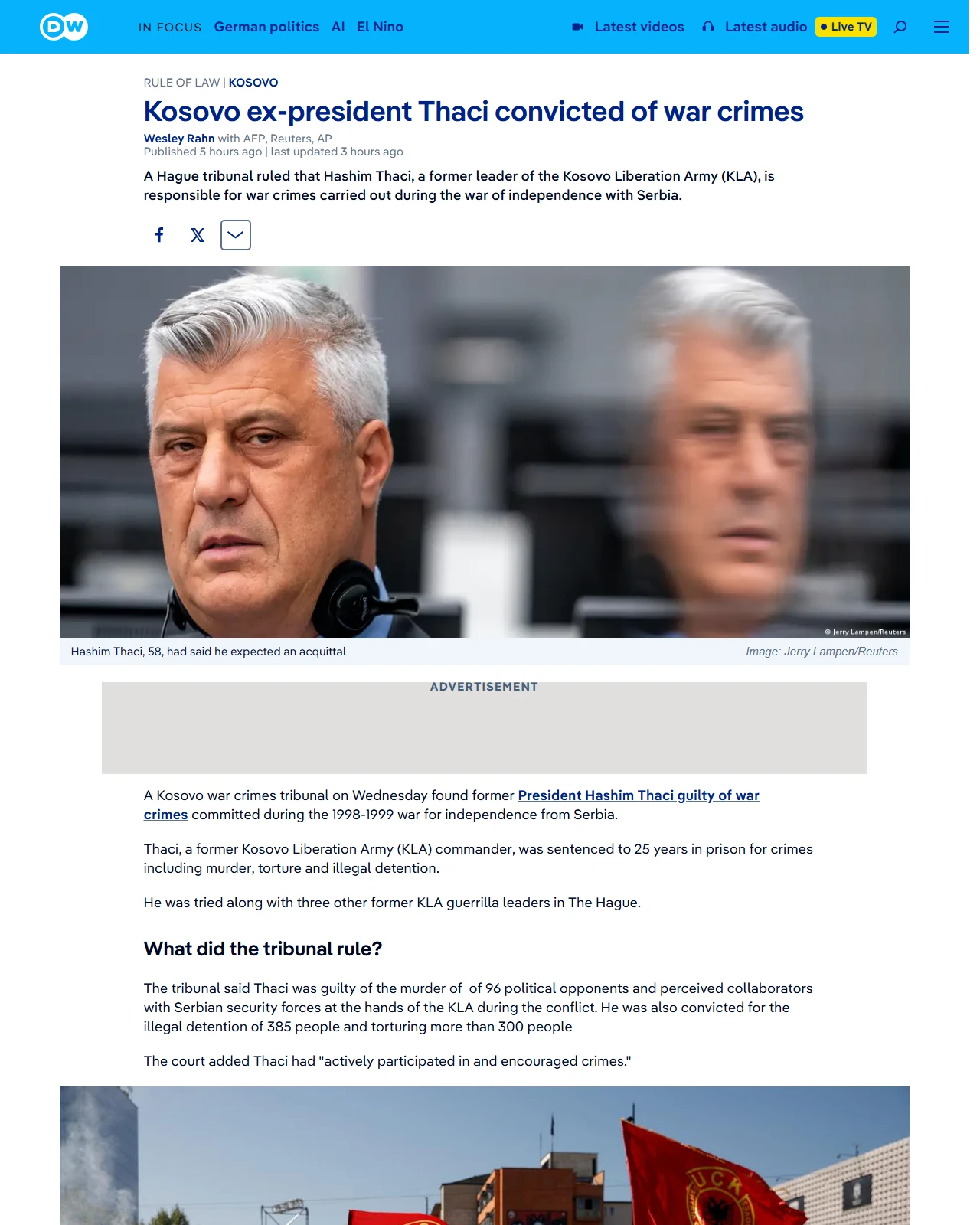 dw.com as published: Kosovo ex-president Thaci sentenced to 25 years for war crimes