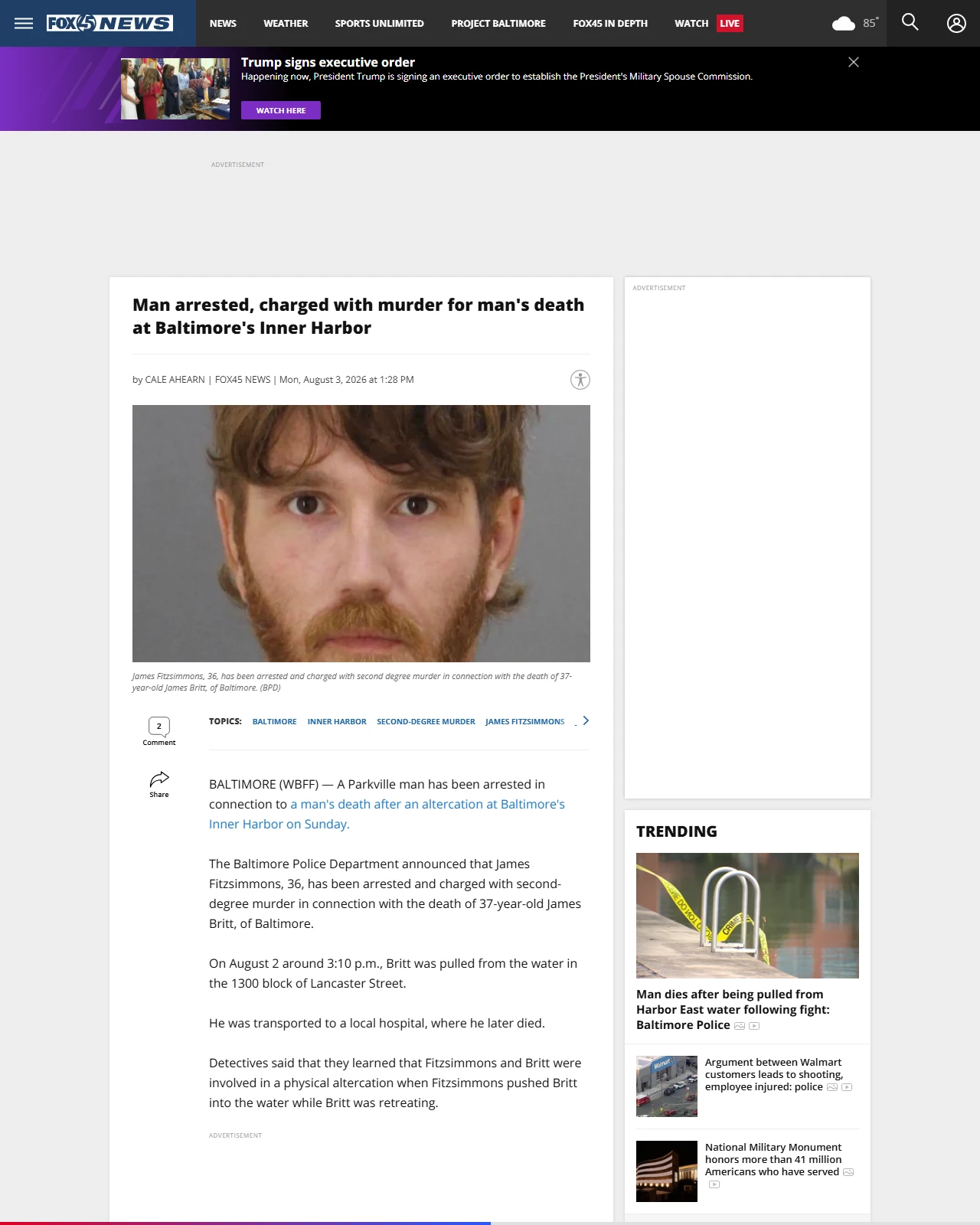 foxbaltimore.com as published: Man arrested, charged with murder for man's death at Baltimore's Inner Harbor