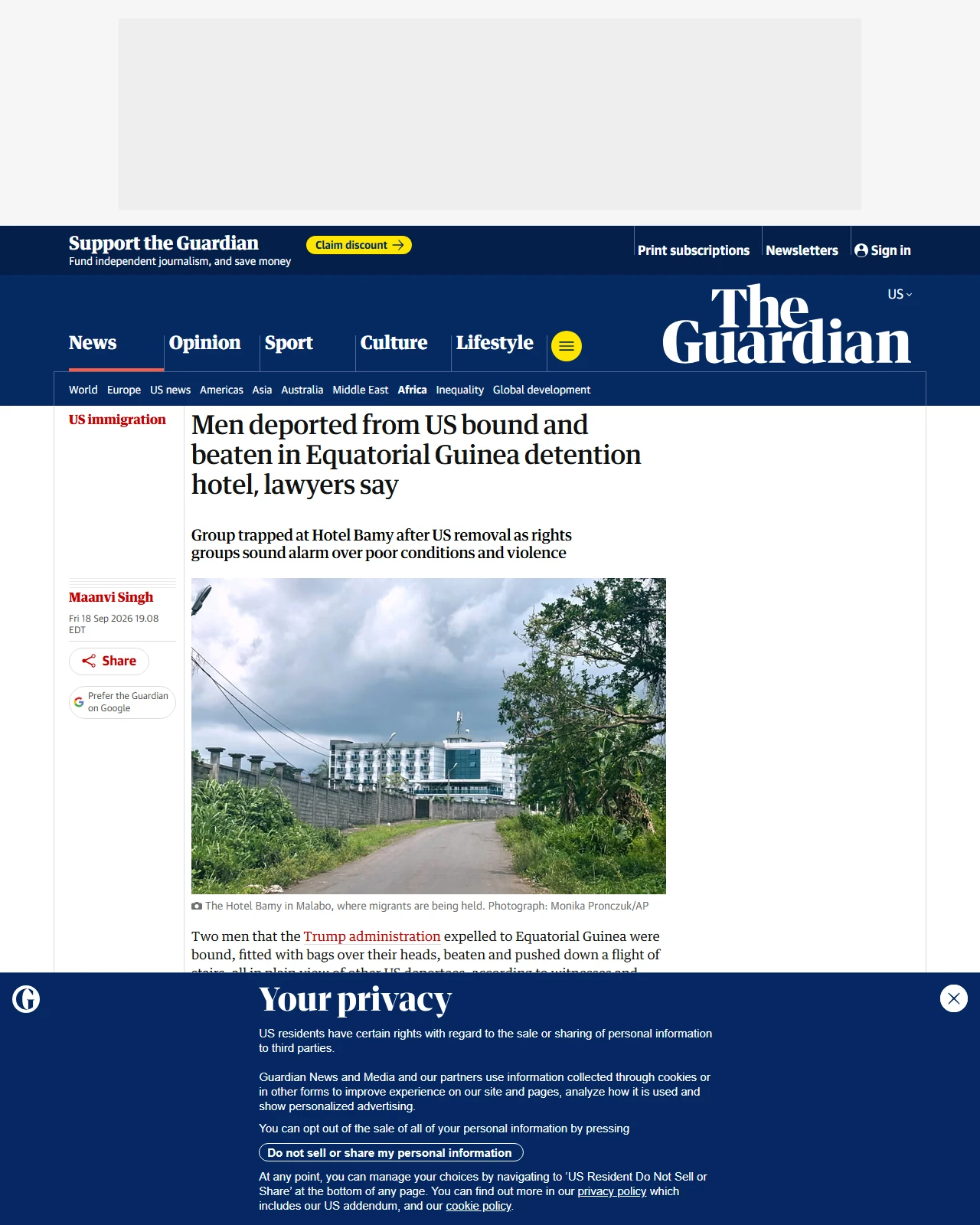 theguardian.com as published: Men deported from US bound and beaten in Equatorial Guinea detention hotel, lawyers say