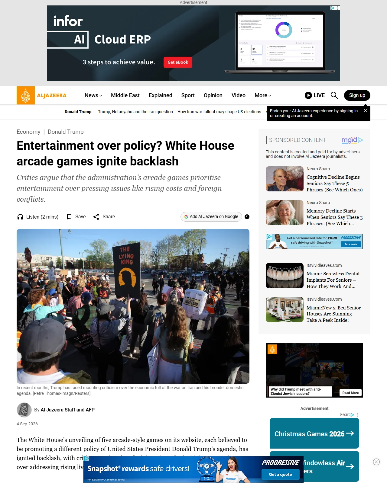 aljazeera.com as published: Entertainment over policy? White House arcade games ignite backlash