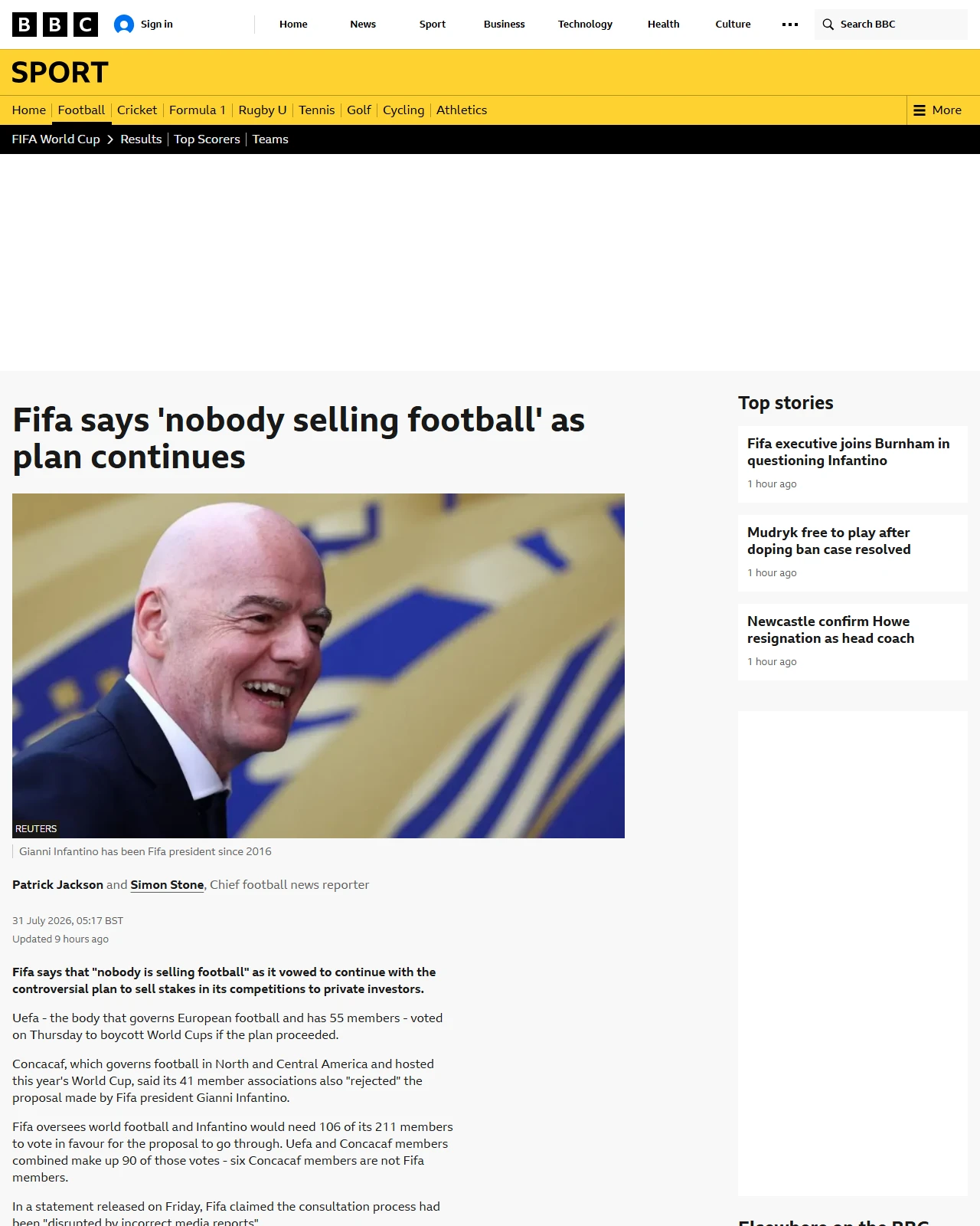 bbc.co.uk as published: Fifa says 'nobody selling football' as plan continues