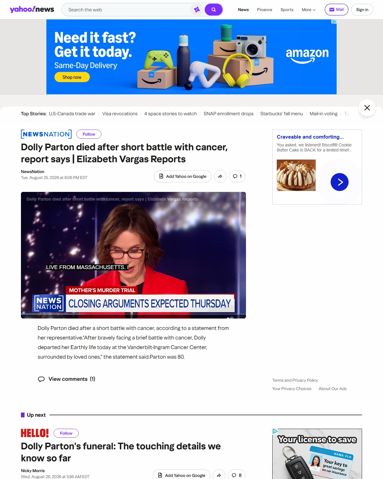 yahoo.com as published: Dolly Parton died after short battle with cancer, report says | Elizabeth Vargas Reports