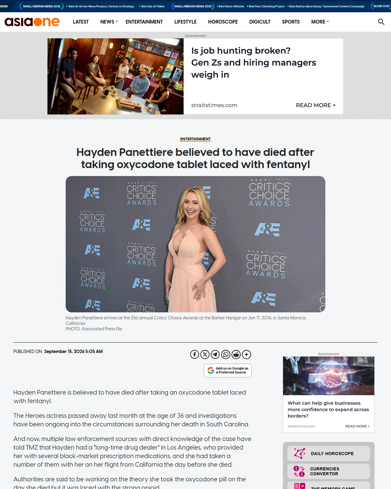asiaone.com as published: Hayden Panettiere believed to have died after taking oxycodone tablet laced with fentanyl, Entertainment News