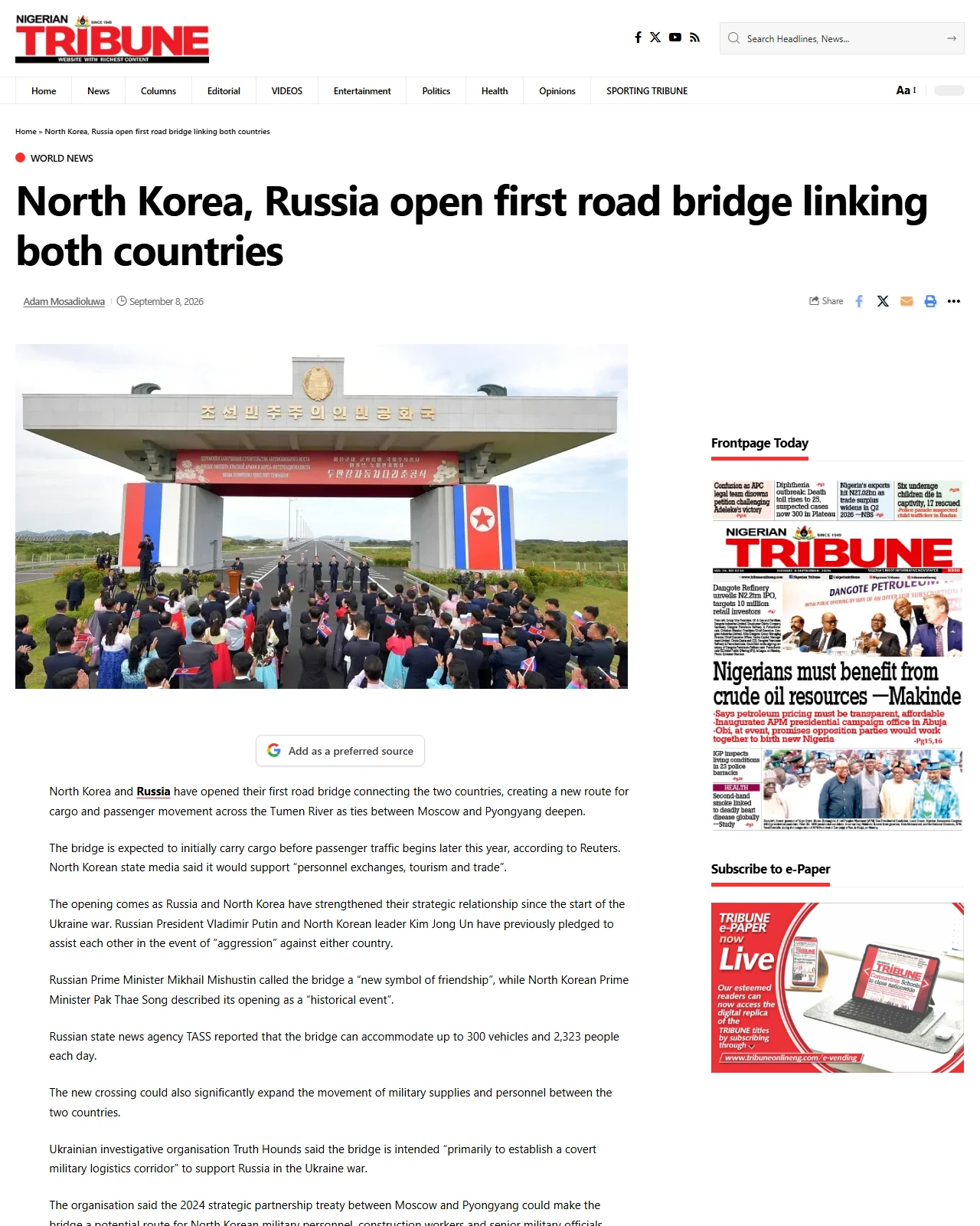 tribuneonlineng.com as published: North Korea, Russia open first road bridge linking both countries