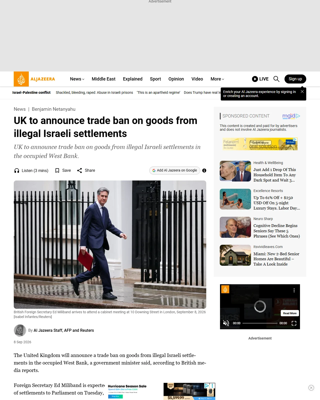 aljazeera.com as published: UK to announce trade ban on goods from illegal Israeli settlements