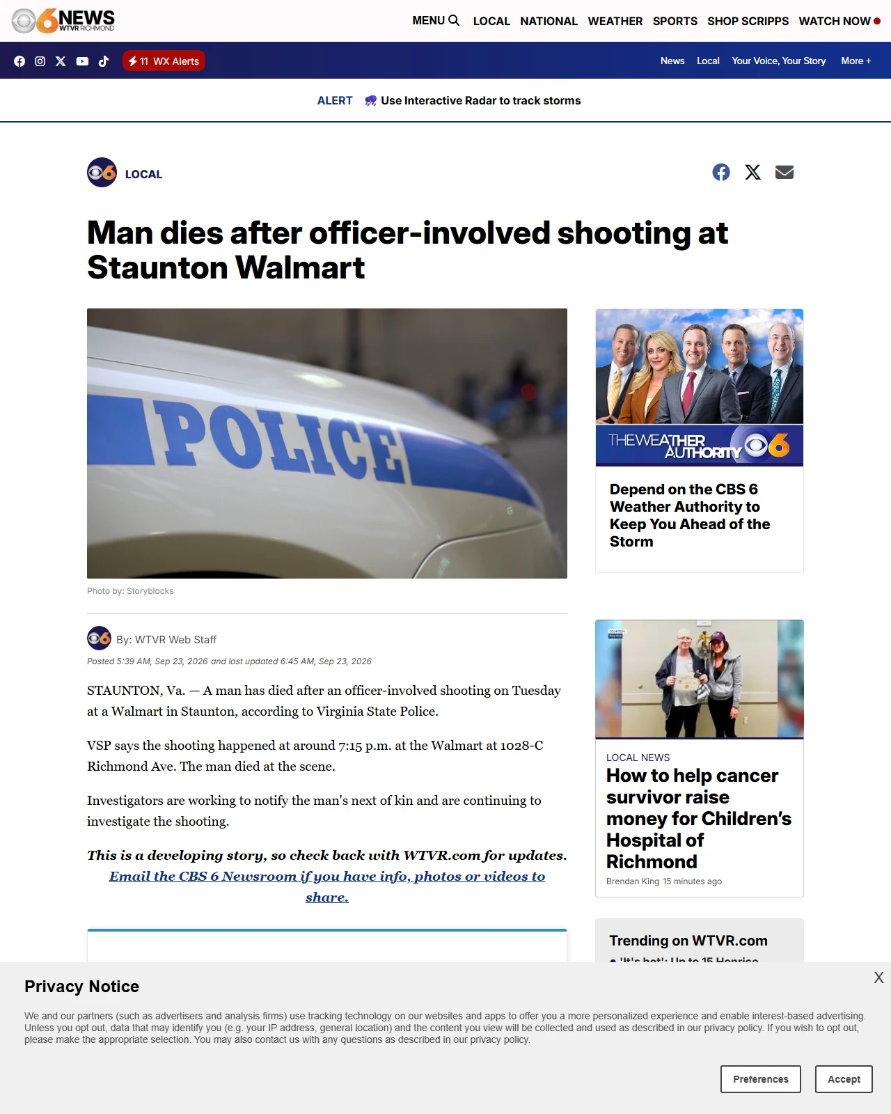 wtvr.com as published: Man dies after officer-involved shooting at Staunton Walmart