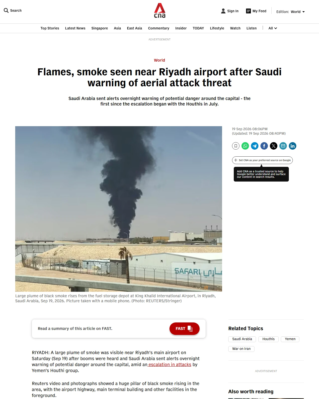 channelnewsasia.com as published: Flames, smoke seen near Riyadh airport after Saudi warning of aerial attack threat