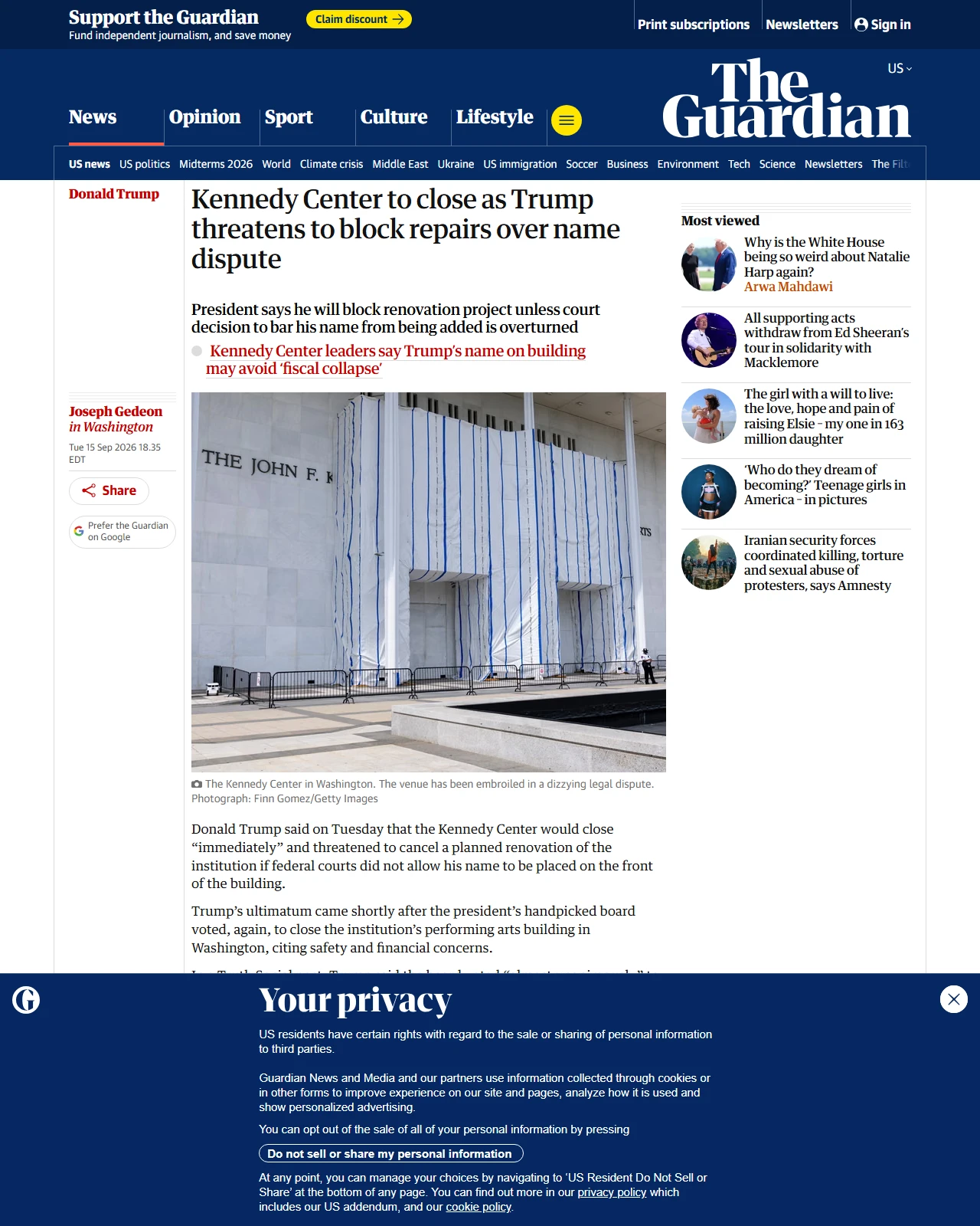 theguardian.com as published: Kennedy Center to close as Trump threatens to block repairs over name dispute
