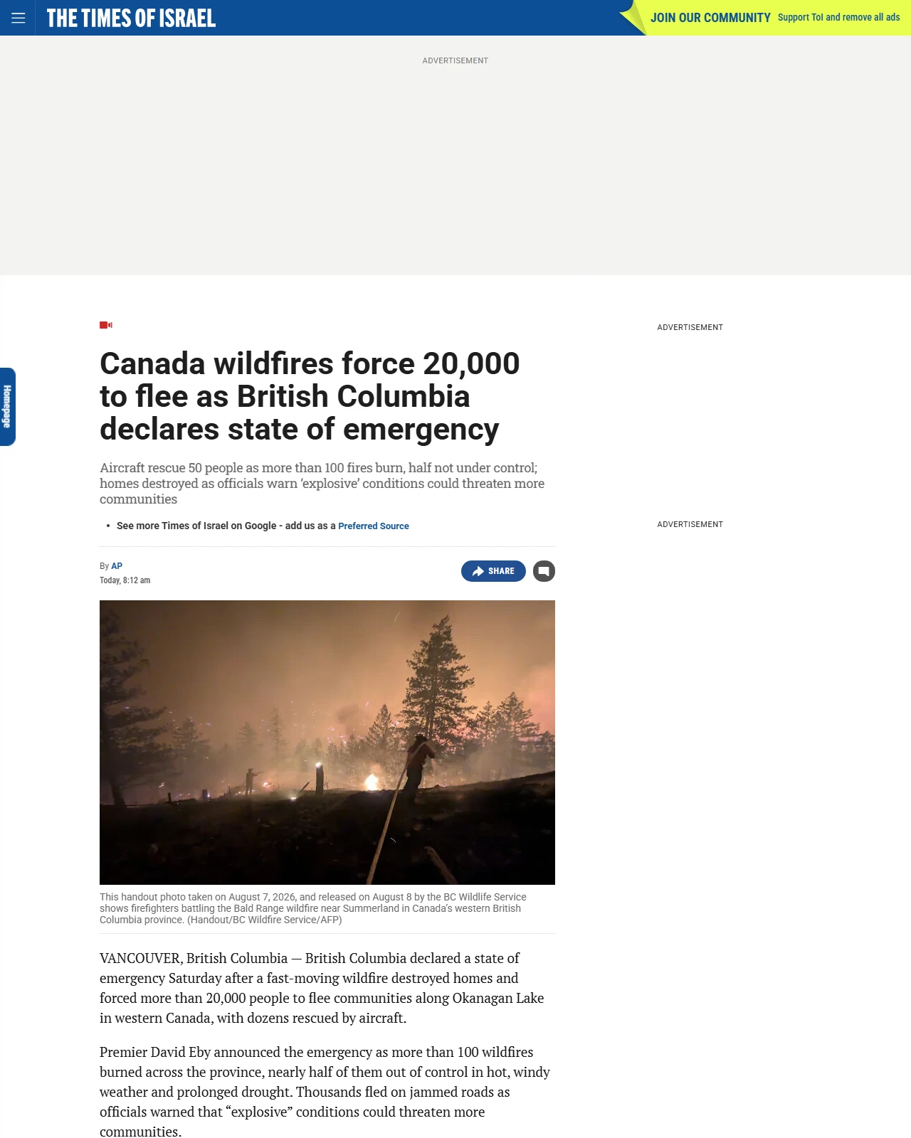 timesofisrael.com as published: Canada wildfires force 20,000 to flee as British Columbia declares state of emergency