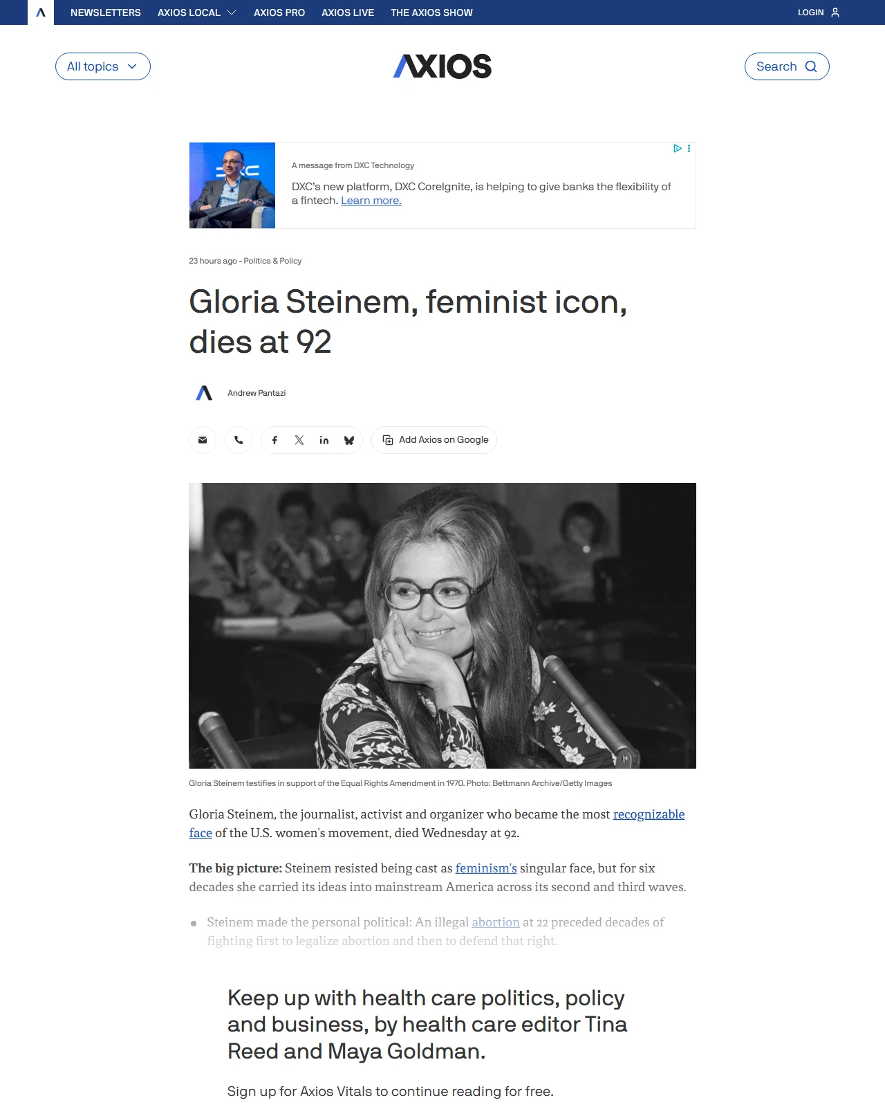axios.com as published: Gloria Steinem, feminist icon, dies at 92