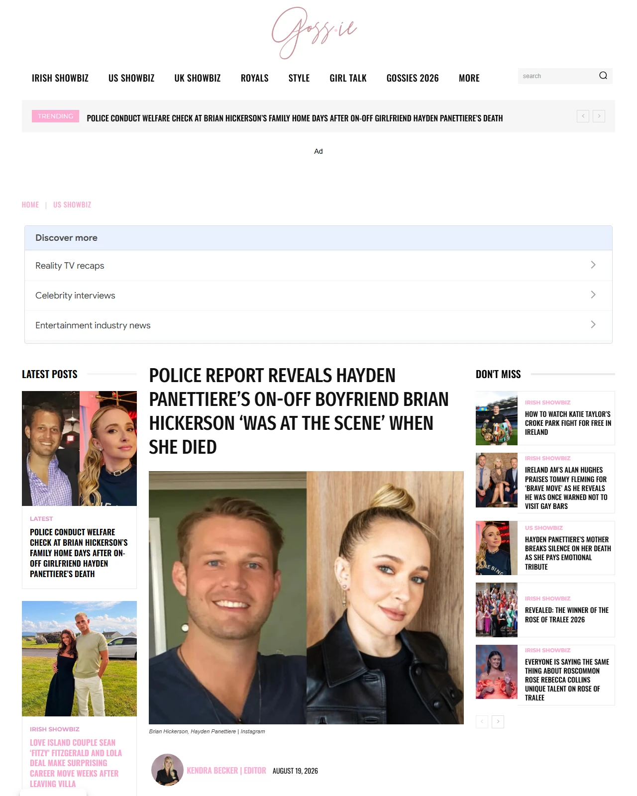 goss.ie as published: Police report reveals Hayden Panettiere’s on-off boyfriend Brian Hickerson ‘was at the scene’ when she died