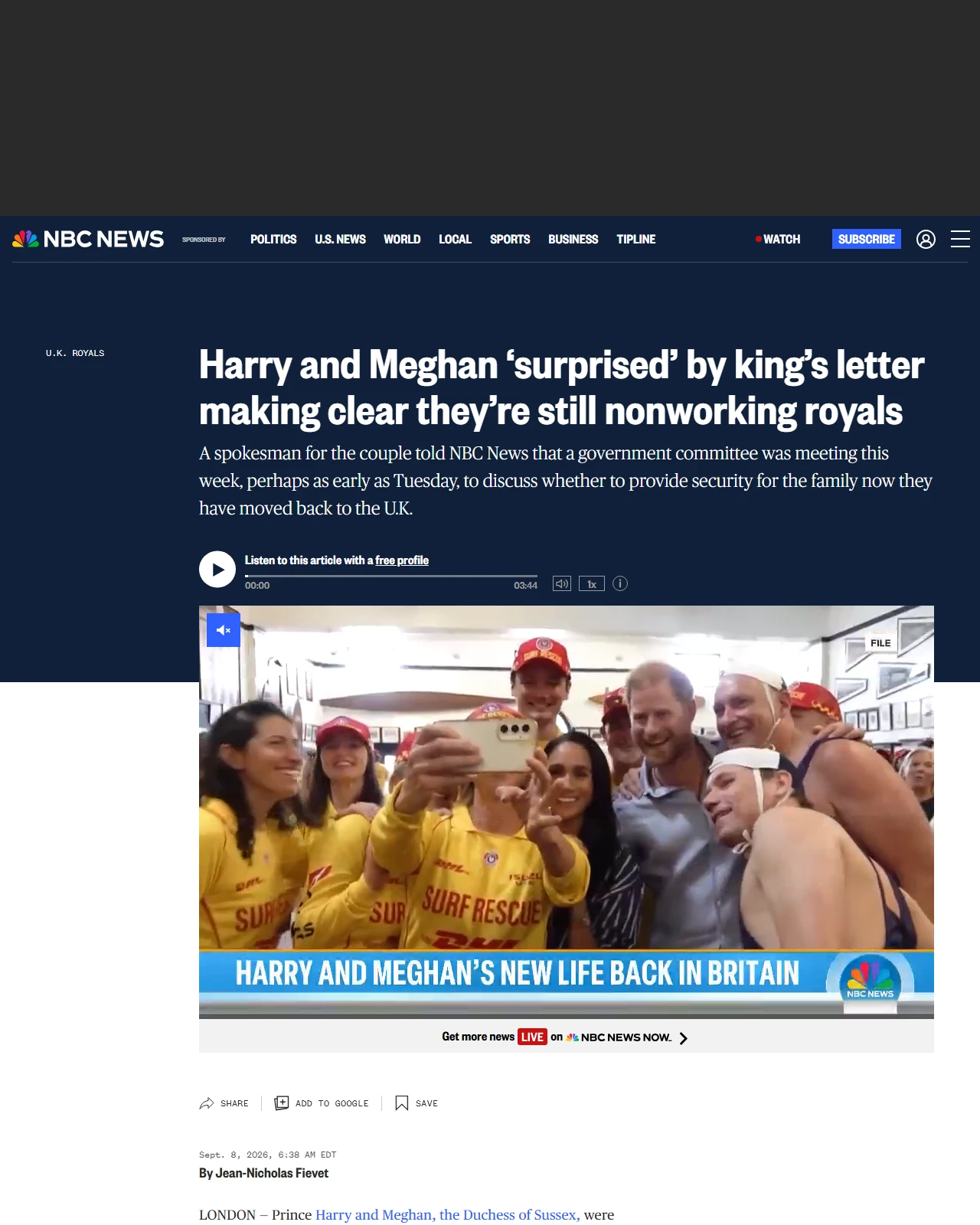 nbcnews.com as published: Harry and Meghan ‘surprised’ by king’s letter making clear they’re still nonworking royals