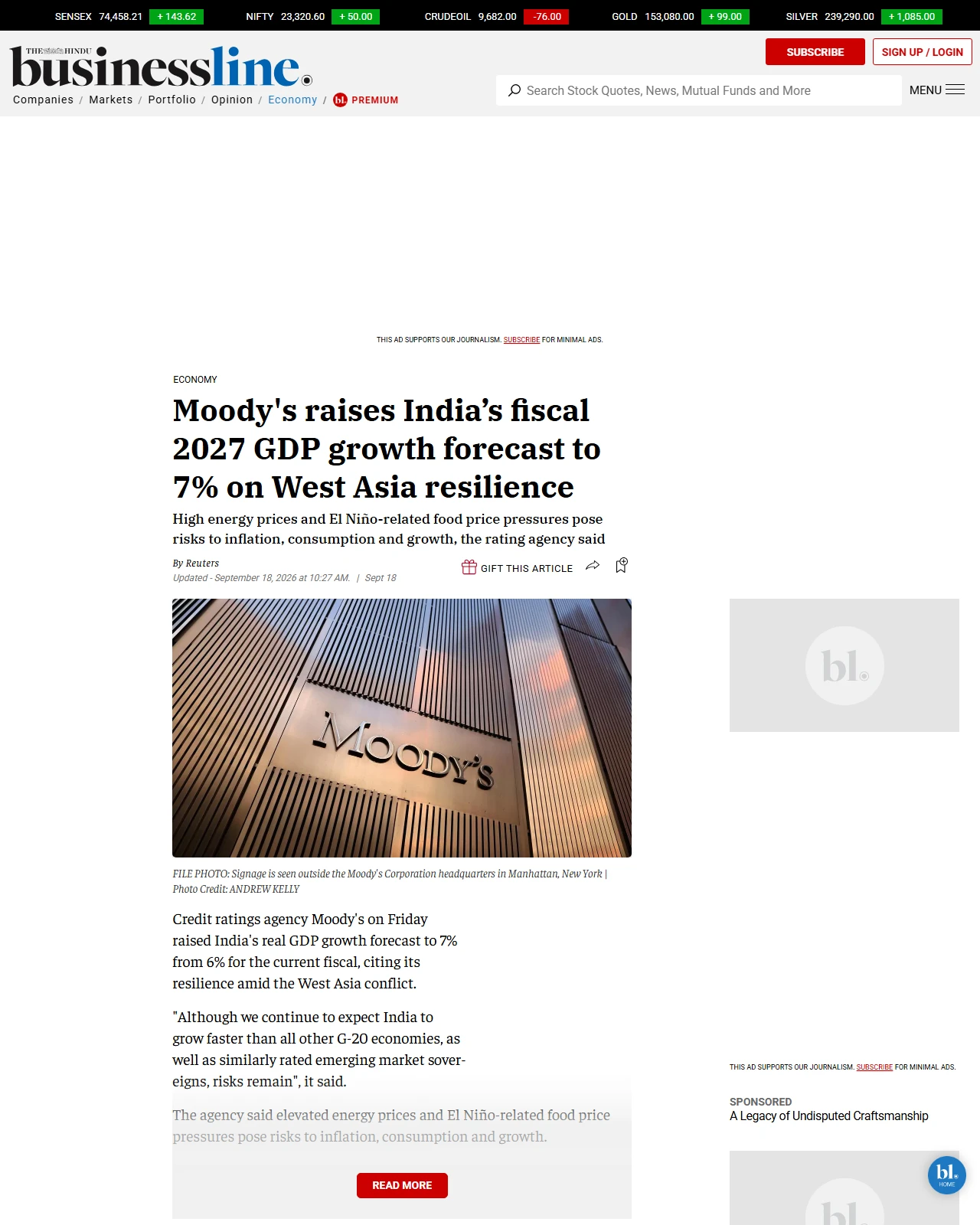 thehindubusinessline.com as published: Moody's raises India’s fiscal 2027 GDP growth forecast to 7% on West Asia resilience