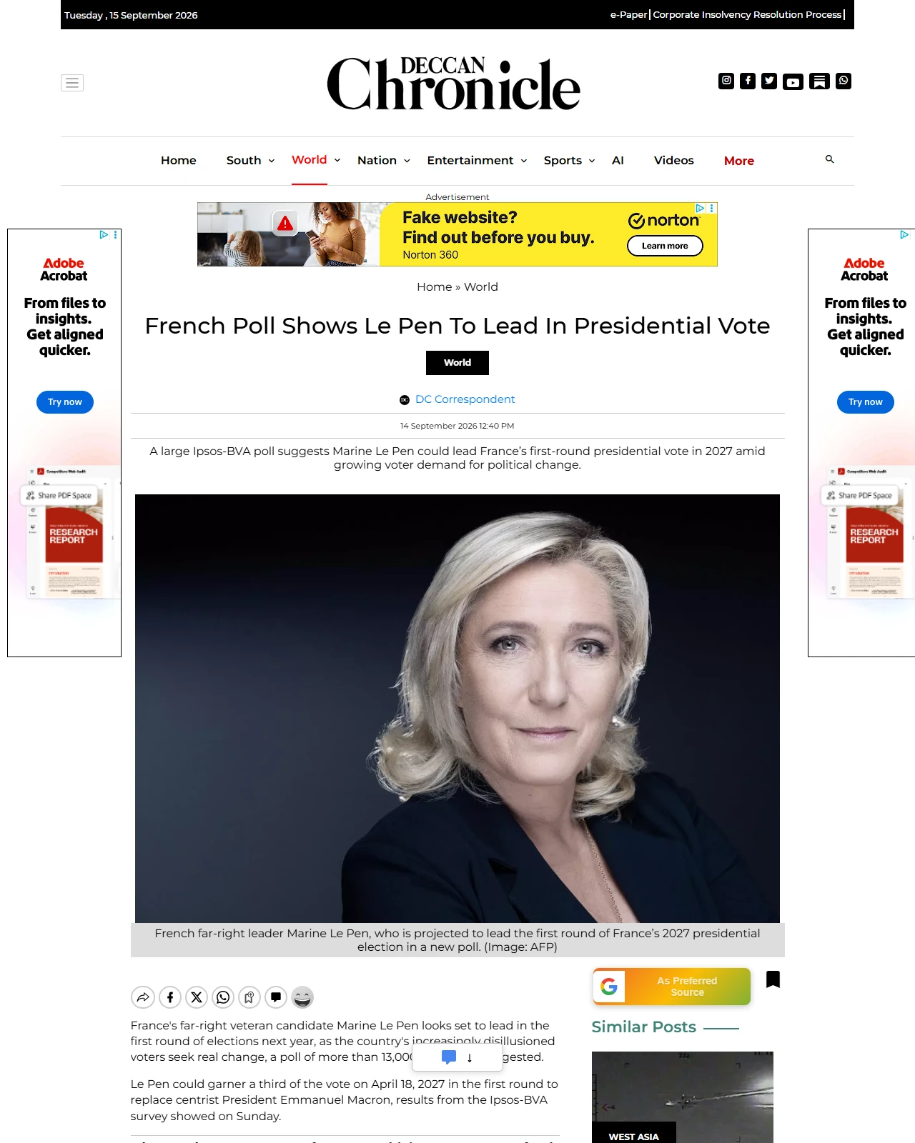 deccanchronicle.com as published: French Poll Shows Le Pen To Lead In Presidential Vote