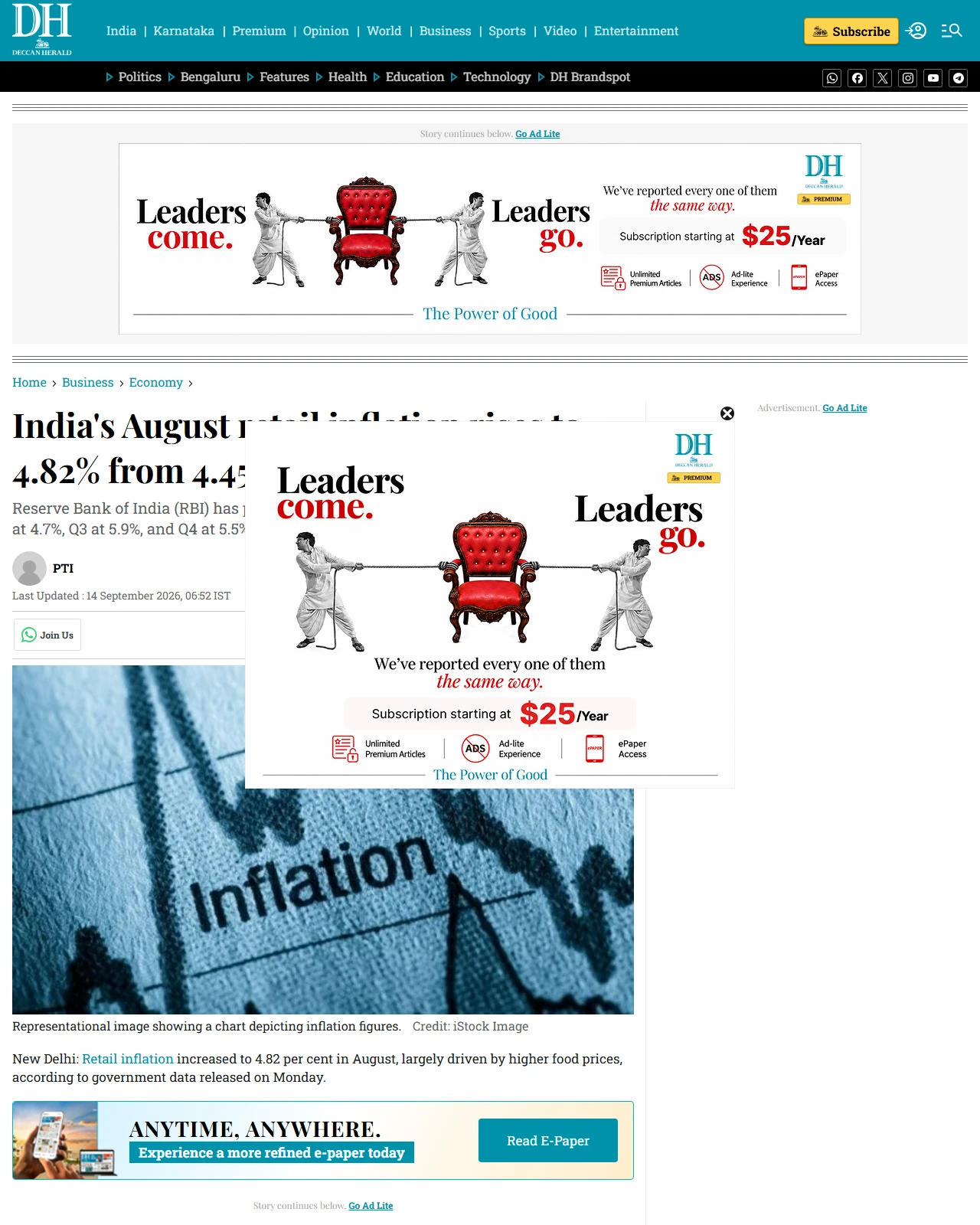 deccanherald.com as published: India's August retail inflation rises to 4.82% from 4.45% in July