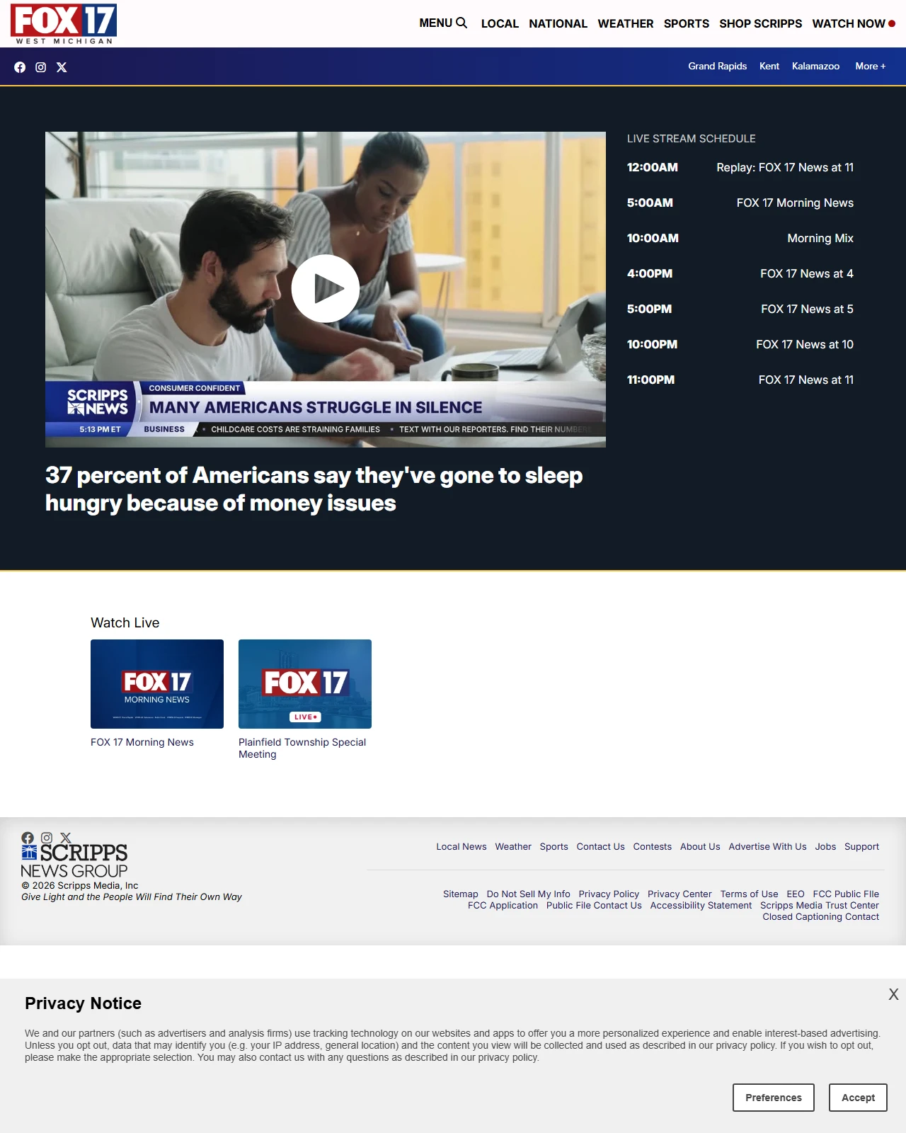fox17online.com as published: 37 percent of Americans say they've gone to sleep hungry because of money issues