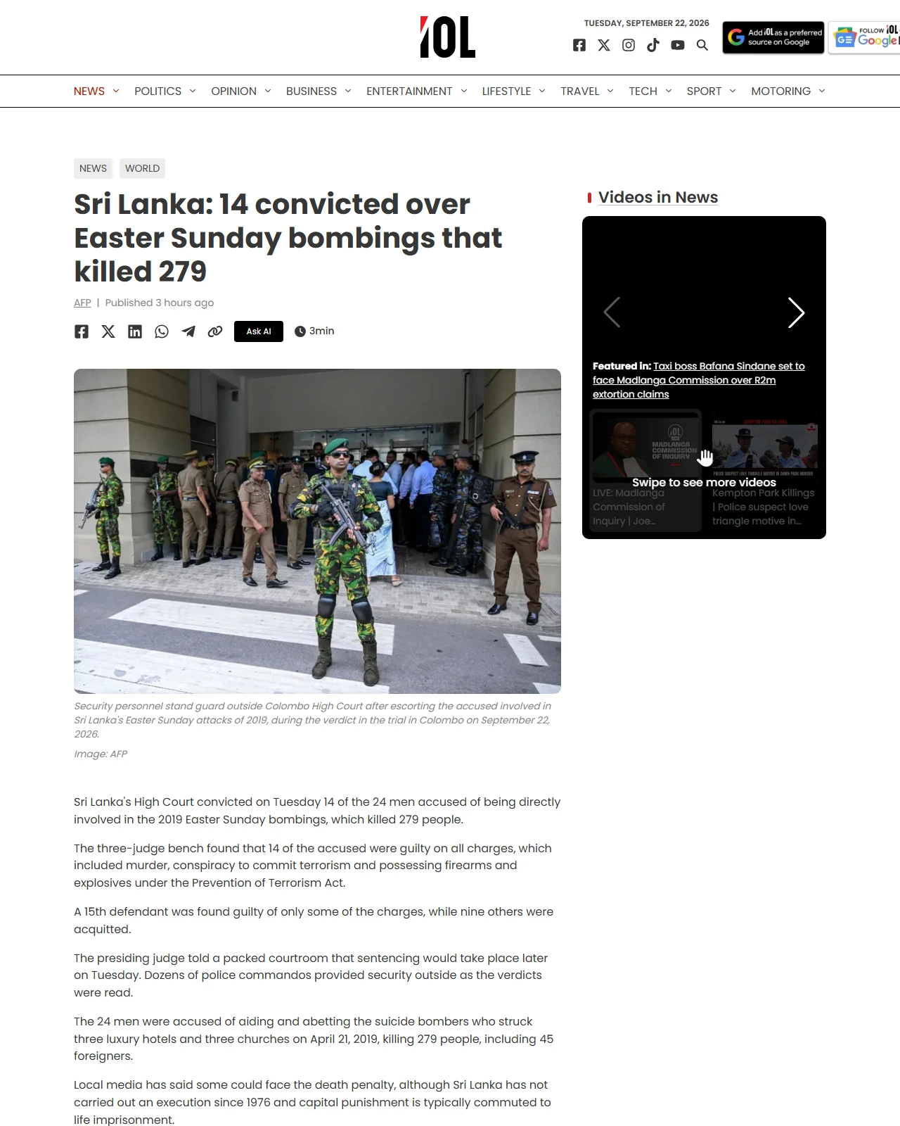 iol.co.za as published: Sri Lanka: 14 convicted over Easter Sunday bombings that killed 279