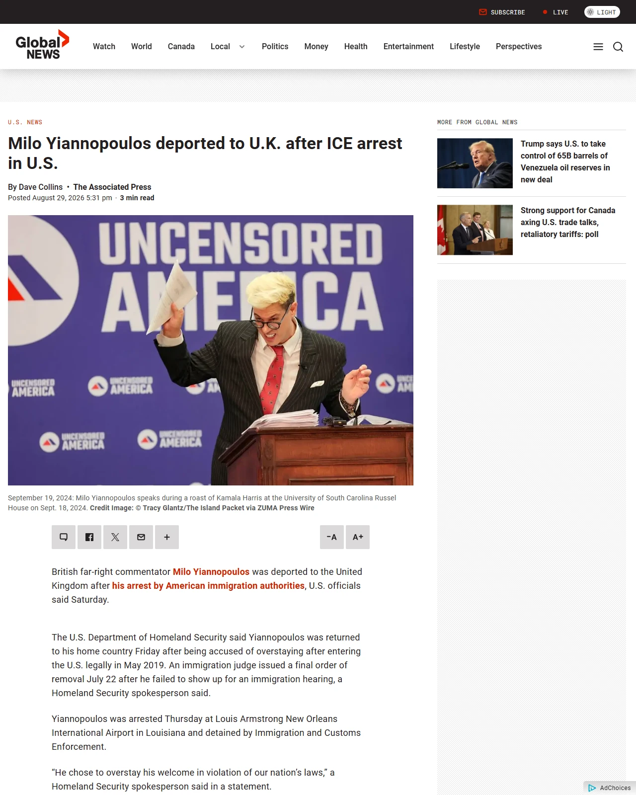 globalnews.ca as published: Milo Yiannopoulos deported to U.K. after ICE arrest in U.S.