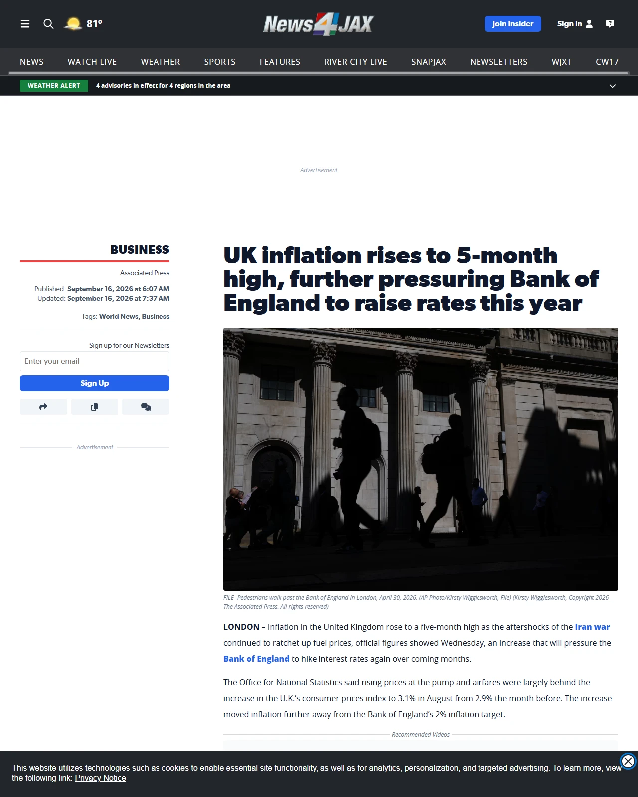 news4jax.com as published: UK inflation rises to 5-month high, further pressuring Bank of England to raise rates this year
