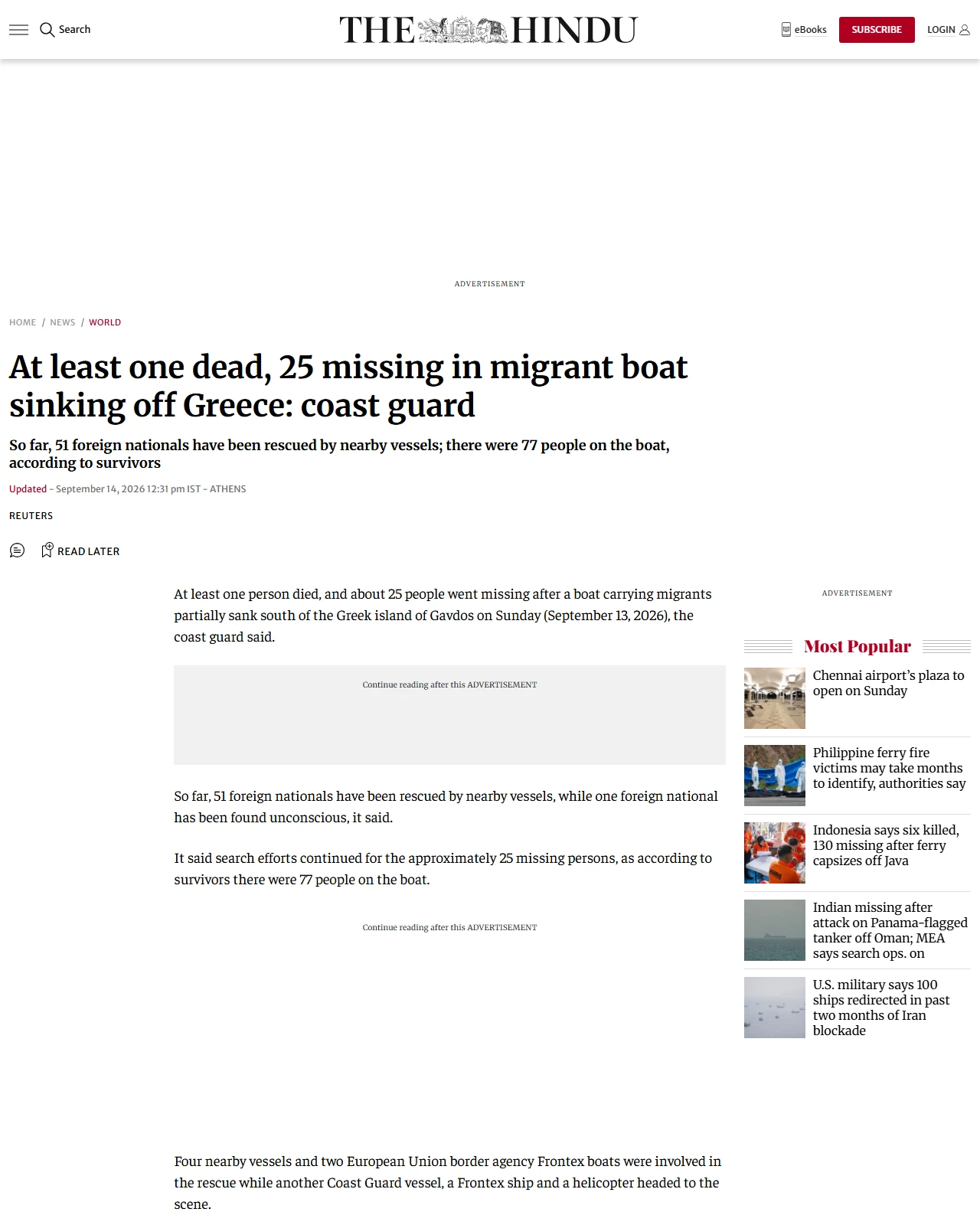 thehindu.com as published: At least one dead, 25 missing in migrant boat sinking off Greece: coast guard