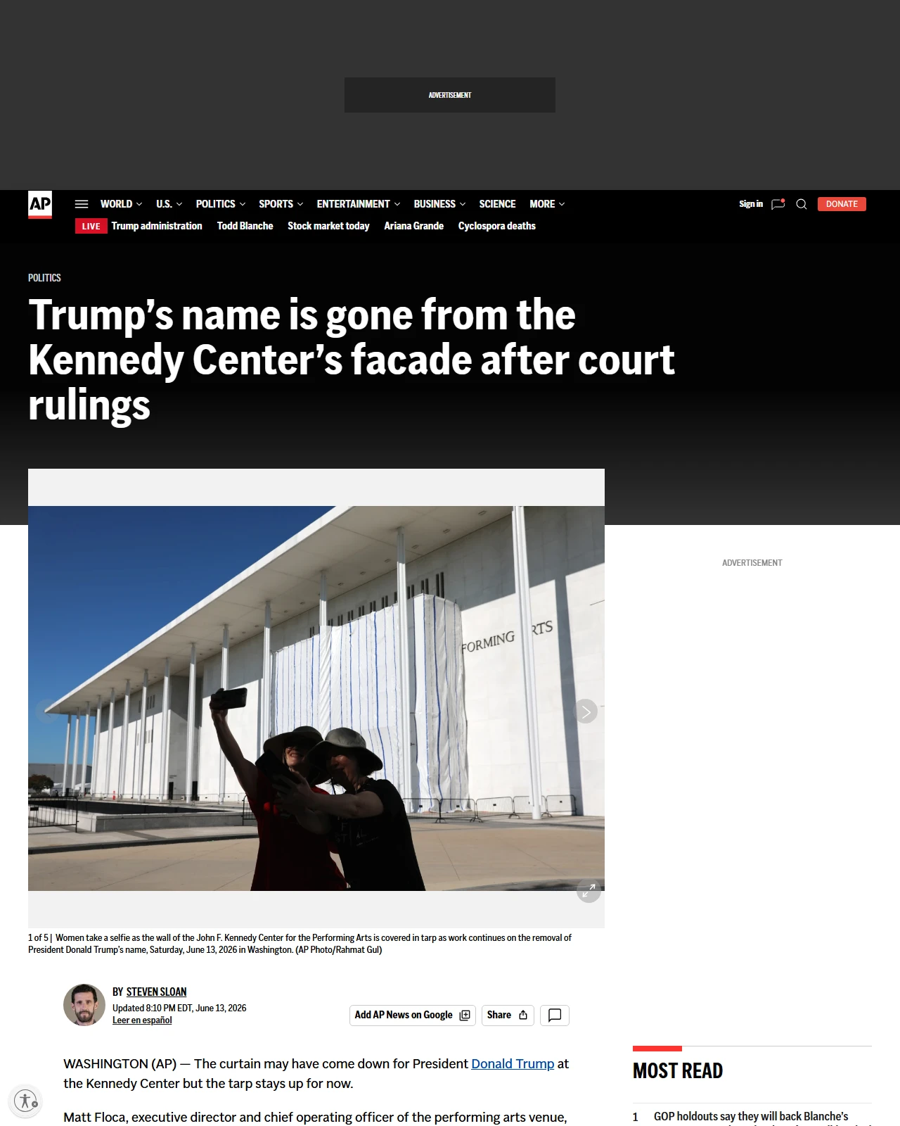 apnews.com as published: Trump’s name is gone from the Kennedy Center’s facade after court rulings