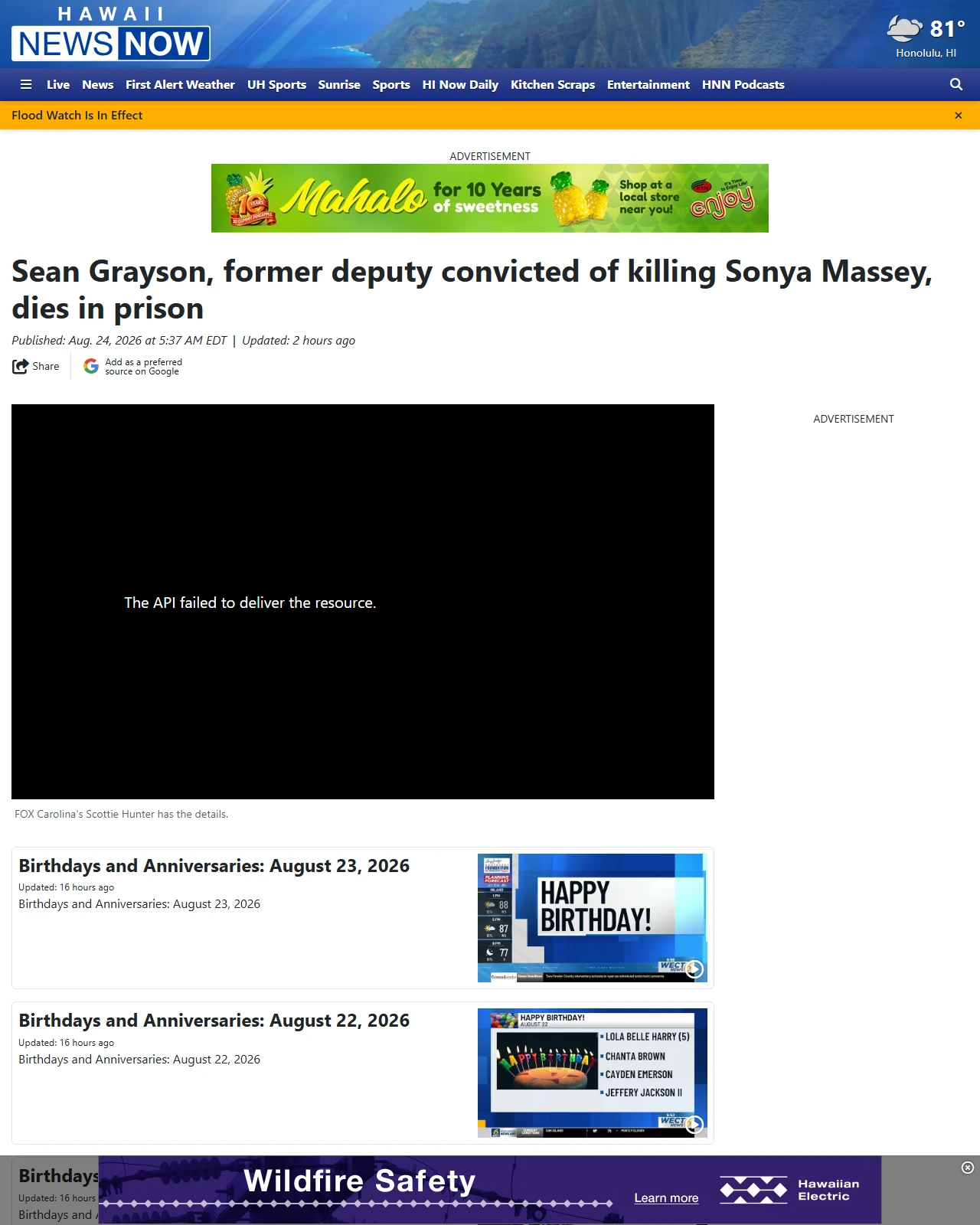 hawaiinewsnow.com as published: Sean Grayson, former deputy convicted of killing Sonya Massey, dies in prison