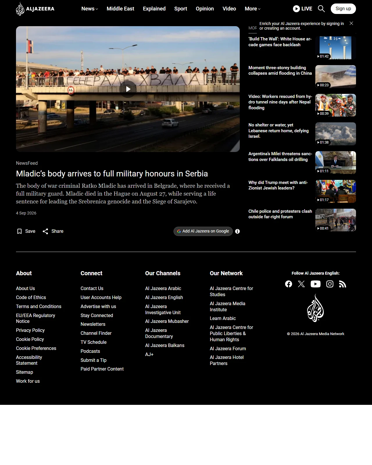 aljazeera.com as published: Mladic’s body arrives to full military honours in Serbia