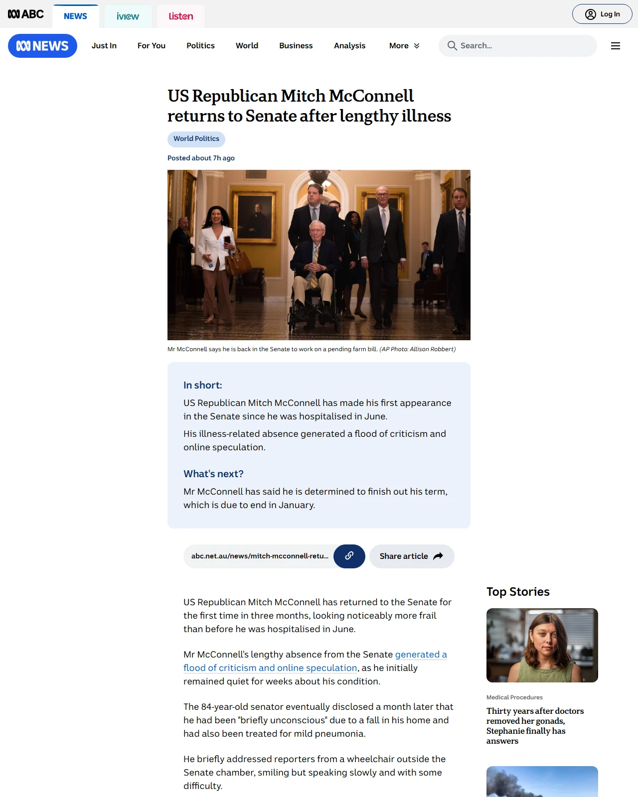 abc.net.au as published: US Republican Mitch McConnell returns to Senate after lengthy illness