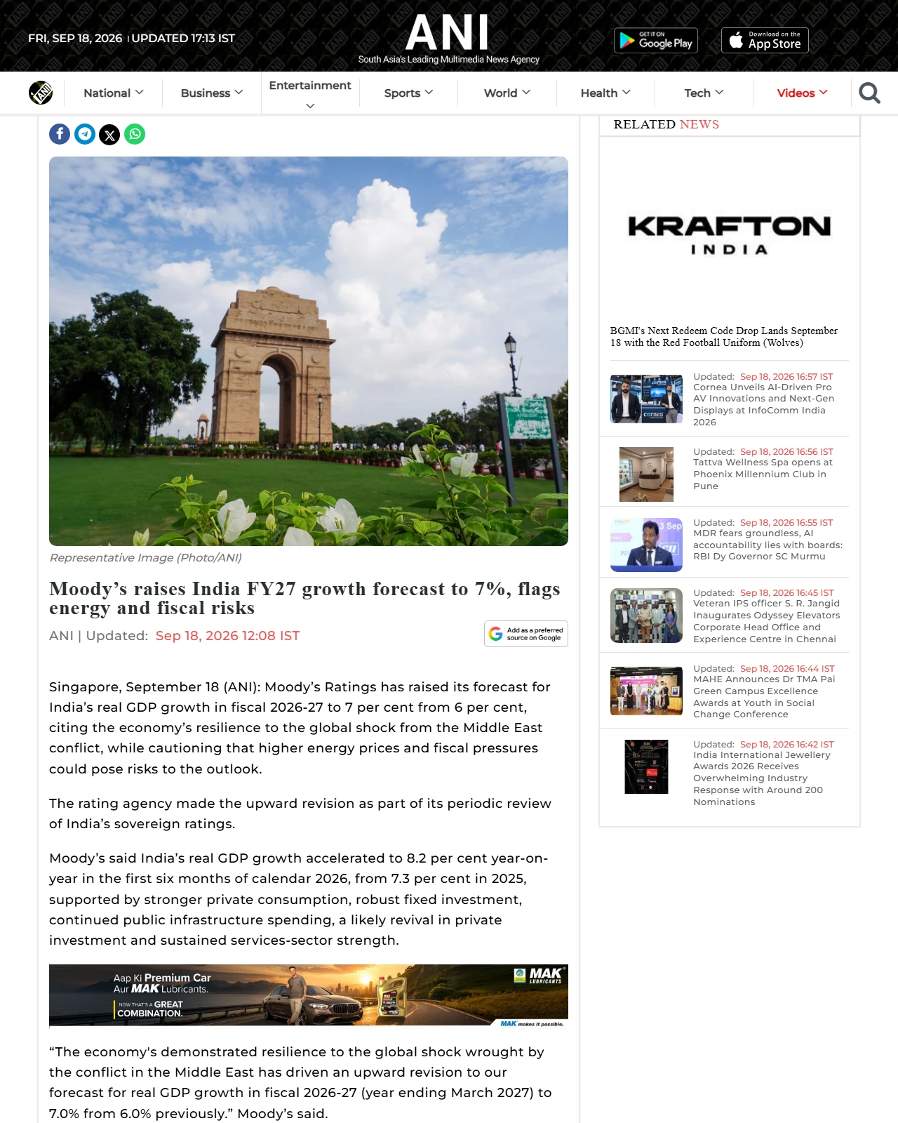 aninews.in as published: Moody’s raises India FY27 growth forecast to 7%, flags energy and fiscal risks
