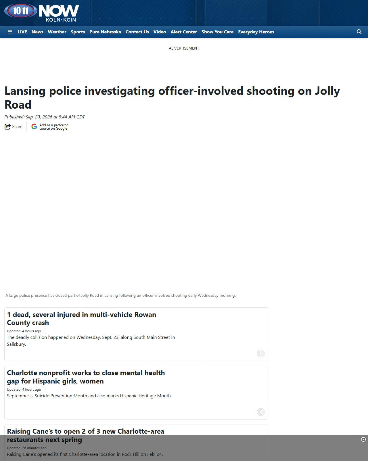 1011now.com as published: Lansing police investigating officer-involved shooting on Jolly Road - KOLN | Nebraska Local News, Weather, Sports | Lincoln, NE