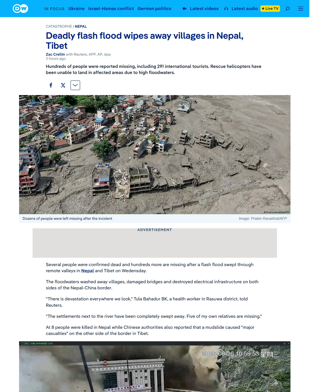 dw.com as published: Deadly flash flood wipes away villages in Nepal, Tibet