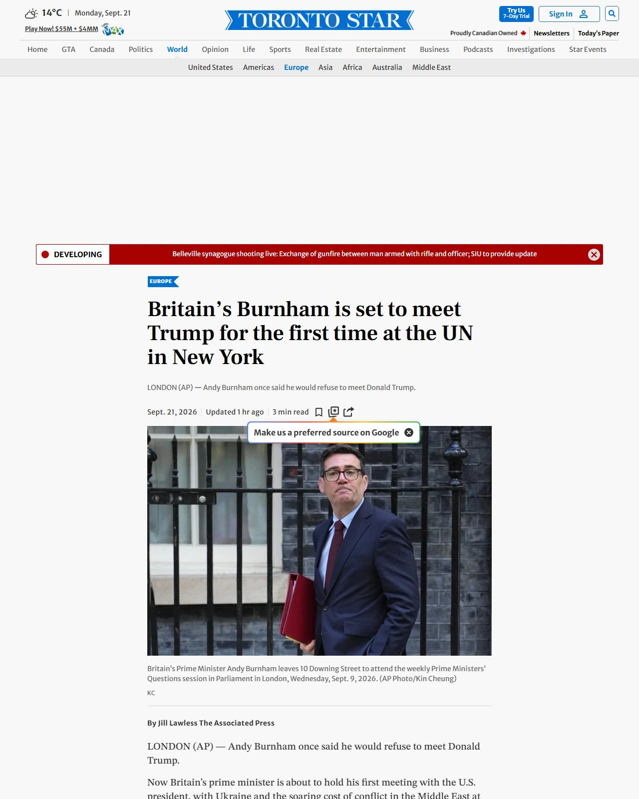 thestar.com as published: Britain’s Burnham is set to meet Trump for the first time at the UN in New York