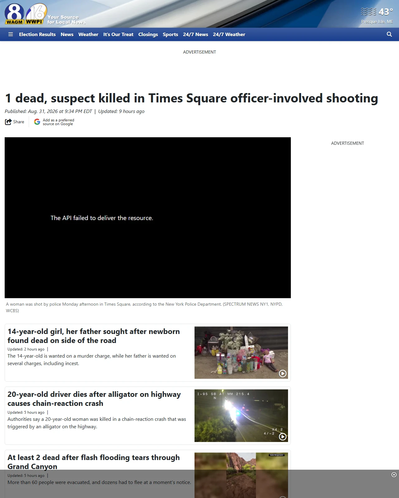 wagmtv.com as published: 1 dead, suspect killed in Times Square officer-involved shooting