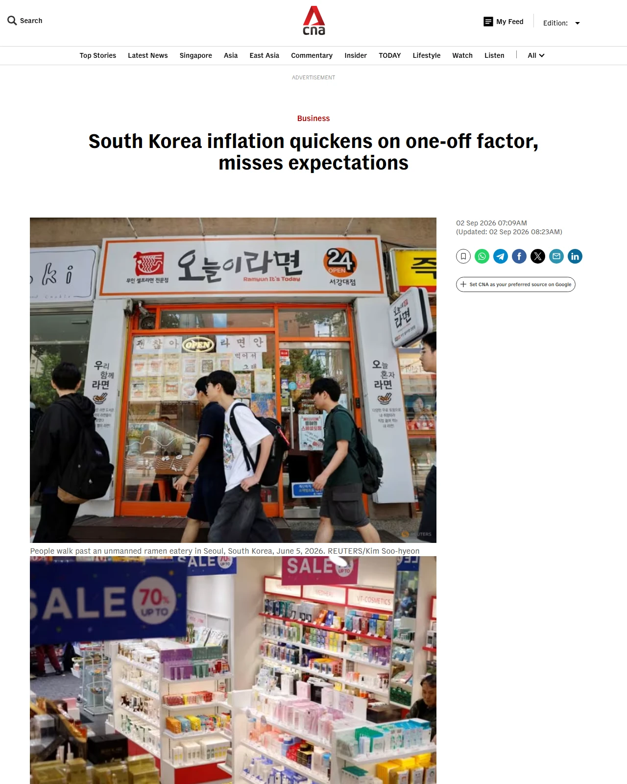 channelnewsasia.com as published: South Korea August inflation +3.1% y/y, weaker than expected