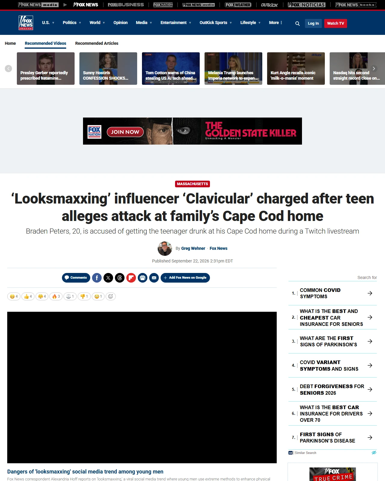 foxnews.com as published: ‘Looksmaxxing’ influencer ‘Clavicular’ charged after teen alleges attack at family’s Cape Cod home