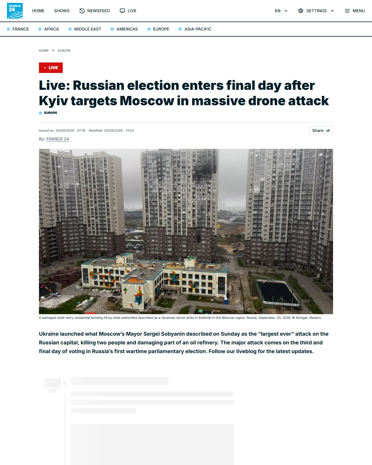 france24.com as published: 🔴 Russian election enters final day after major Ukrainian drone attack on Moscow